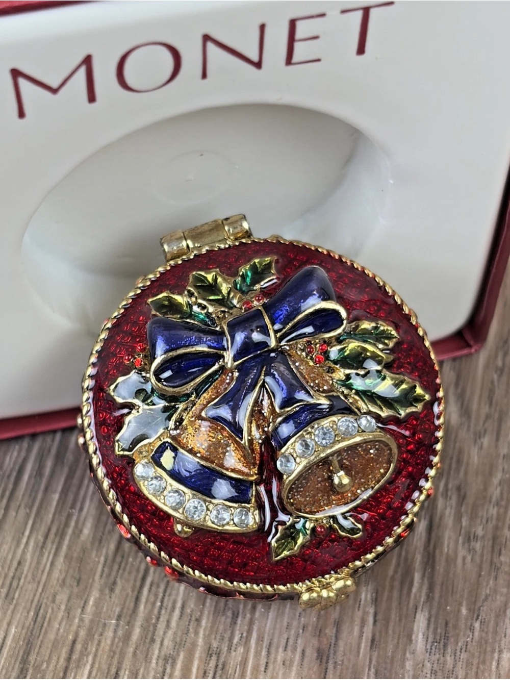 MONET "Holiday Bells" Collectible Round Enamel Keepsake Trinket Pill Box